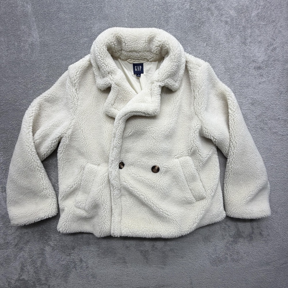 Gap Coat Womens S‎ White Faux Fur Pea Coat Collared Button Pockets Lined